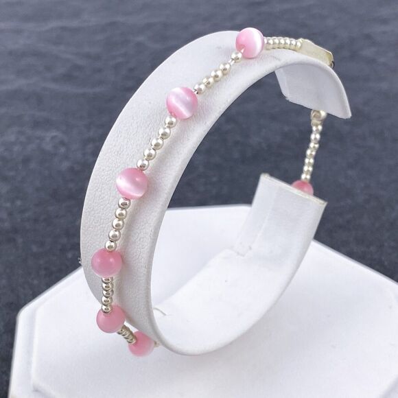 Vintage Jordan Sterling Silver 925 Pink Synthetic Cat's Eye Beaded Bracelet 7.5" - Picture 4 of 8